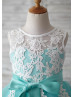 Turquoise Tulle Ivory Lace V Back Knee Length Flower Girl Dress  Turquoise Tulle Ivory Lace V Back Knee Length Flower Girl Dress